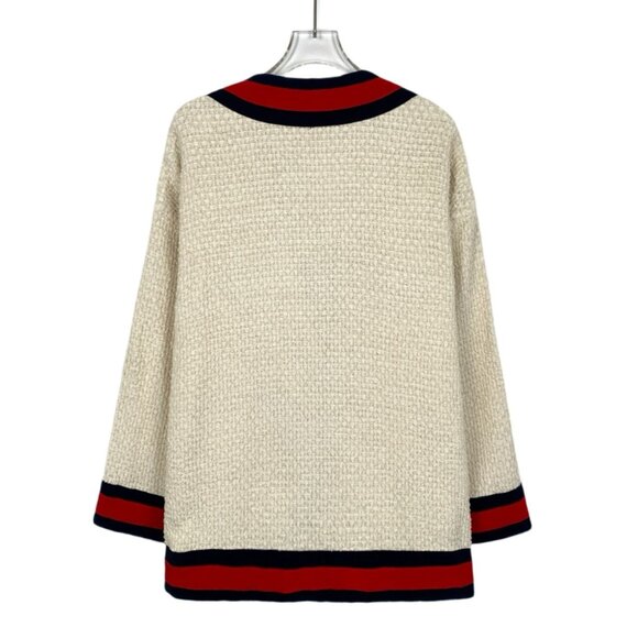 Gucci Beige Pearl Buckle Striped Cotton V-Neck Long Sleeve Knitted Cardigan Coat - Picture 2 of 8